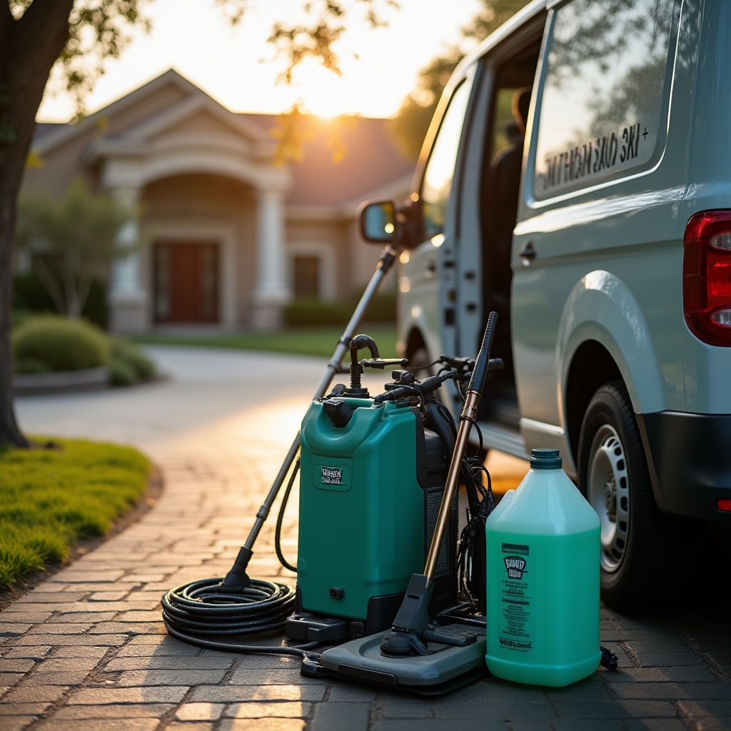 Eco-friendly cleaning equipment and biodegradable solution containers staged beside a residential home