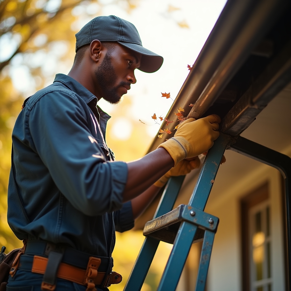 Technician on a ladder clearing debris from a residential gutter