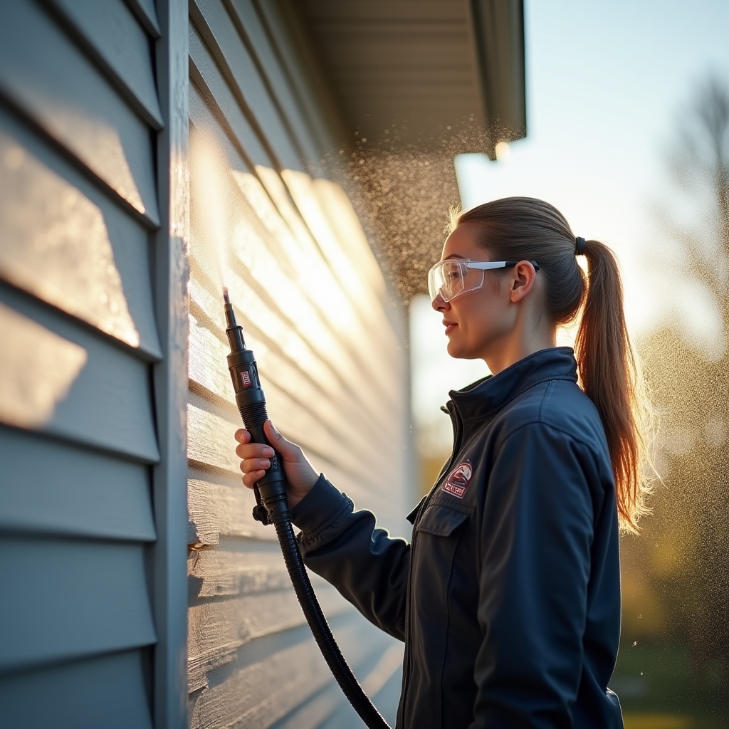 Soft-wash siding cleaning being performed on a residential home exterior