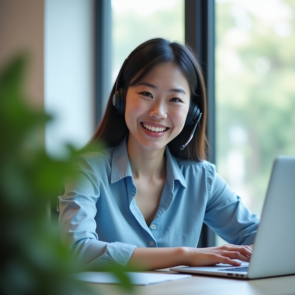 Customer care coordinator on a phone call at a desk with a laptop