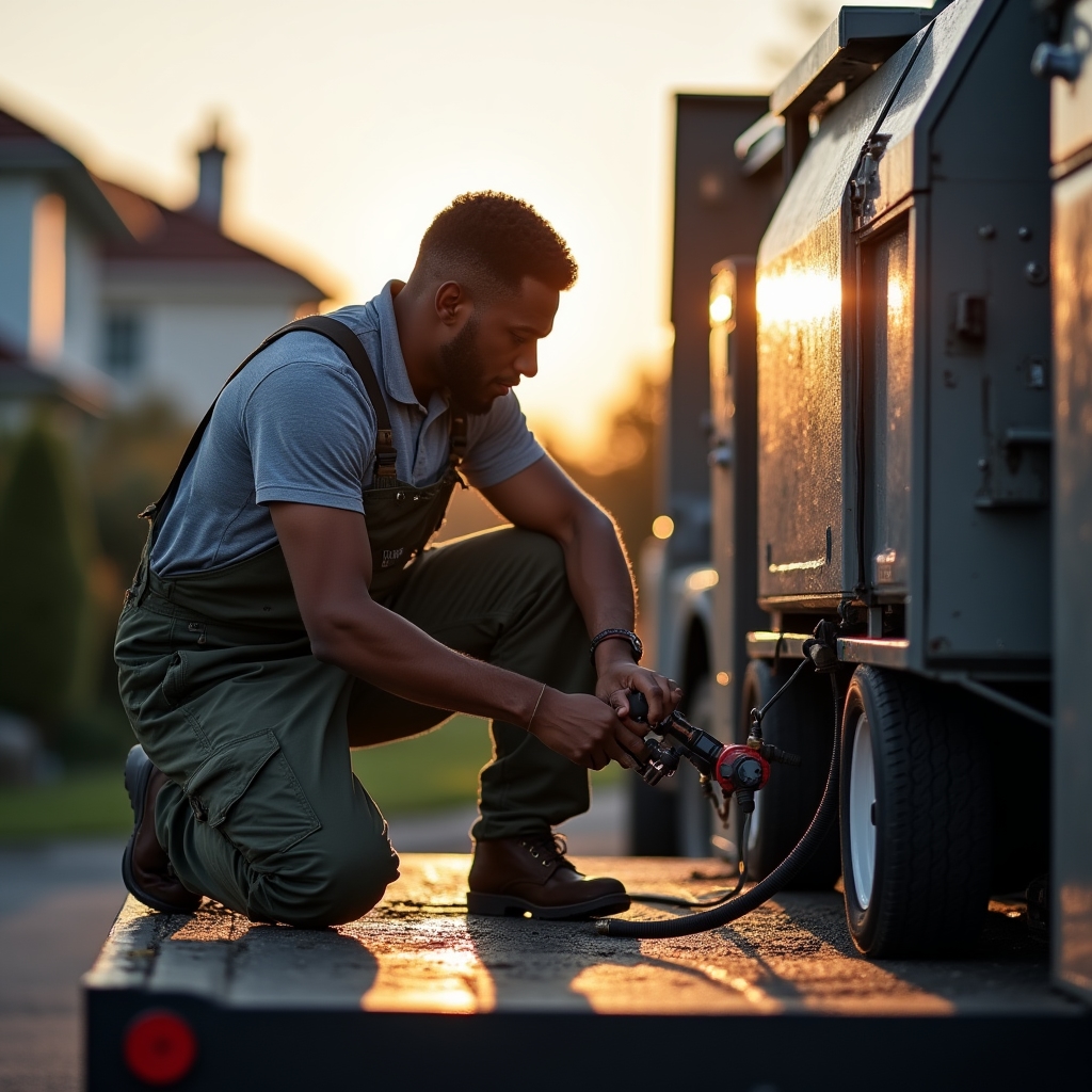 Equipment technician checking a pressure washing machine before a service visit