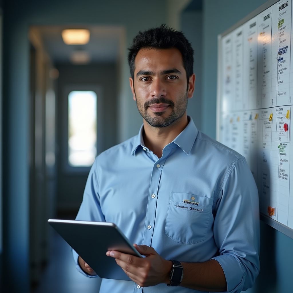 Operations lead reviewing a scheduling board in an office setting
