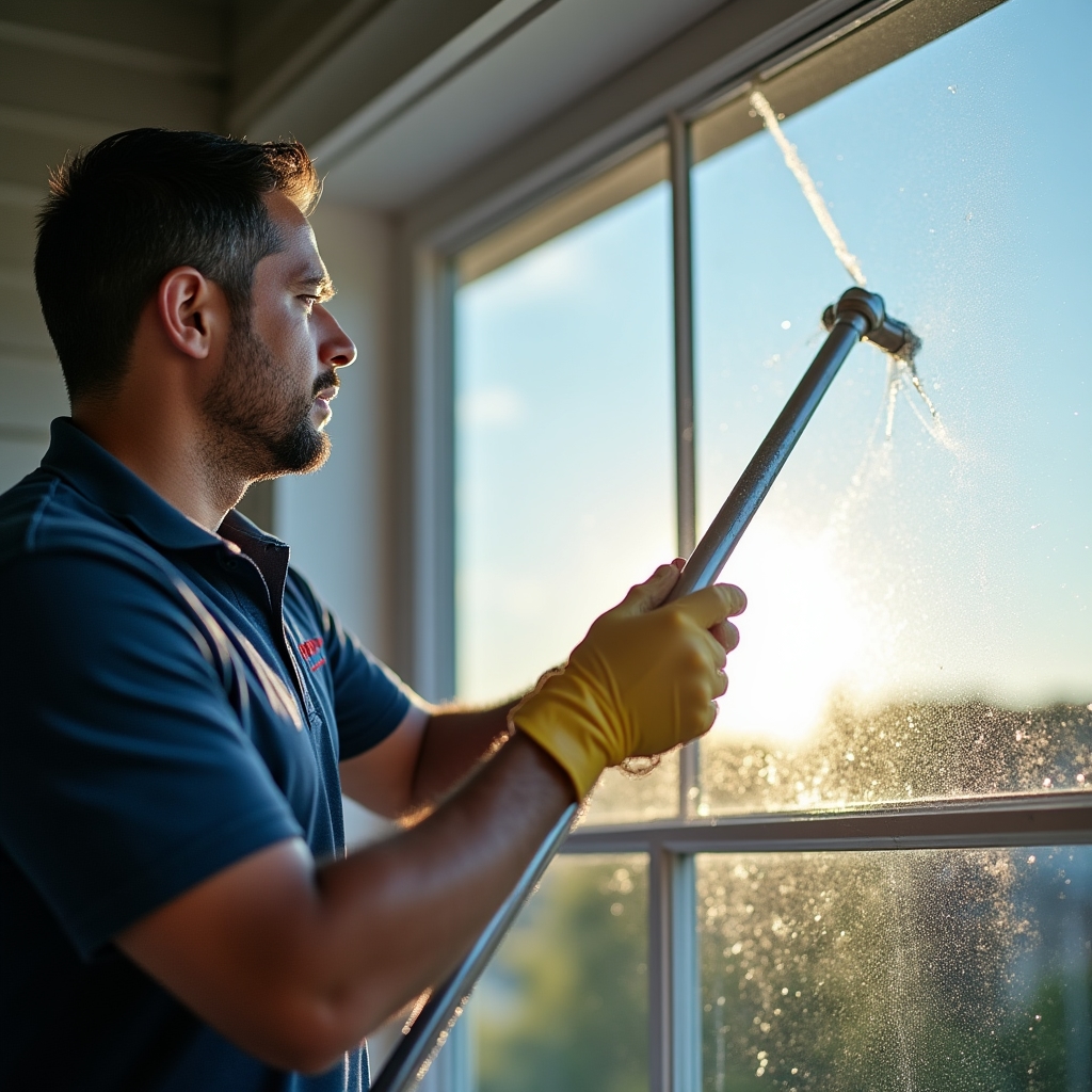Technician cleaning a residential exterior window with a water-fed pole